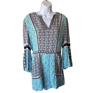 Ann Taylor Loft Womens Short Romper S Geometric Green Black Bell Sleeves Boho